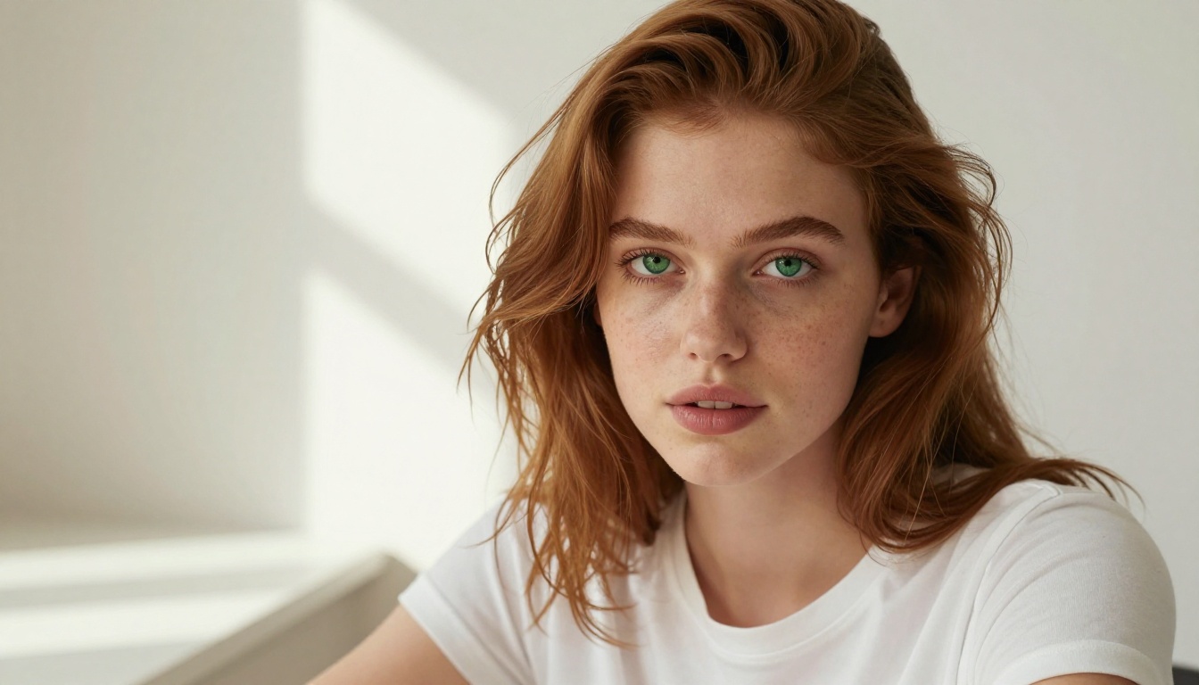 Photorealistic AI-generated portrait of a woman with emerald green eyes and auburn hair at a minimalist desk