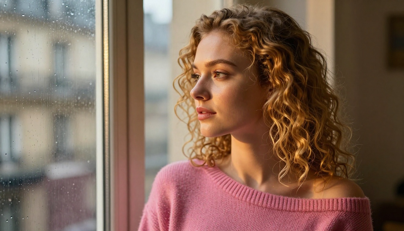Side-profile portrait of a woman with curly honey-blonde hair near a rainy Paris window