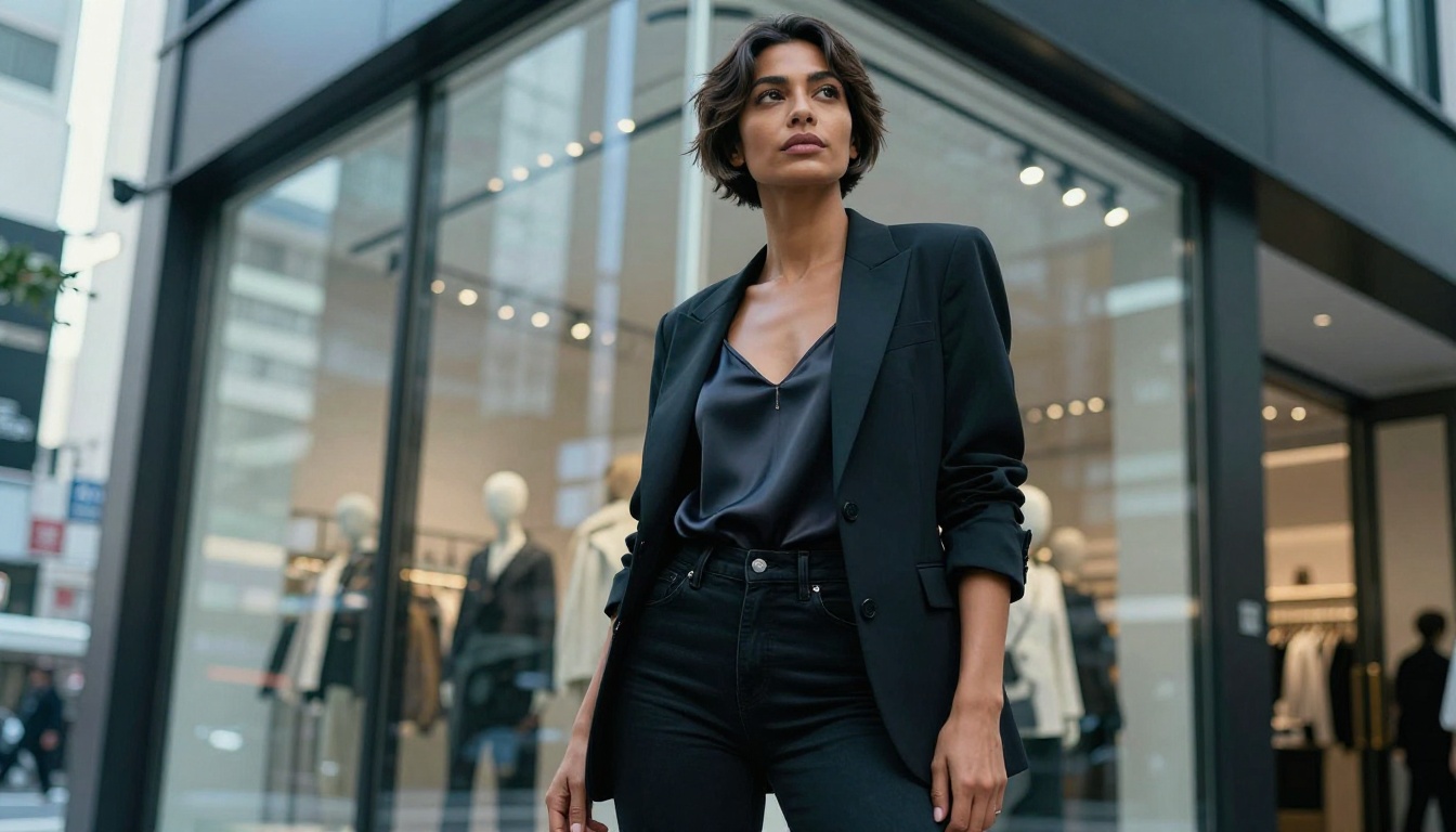 Athletic woman with brown skin and pixie cut posing confidently in a Tokyo streetwear boutique