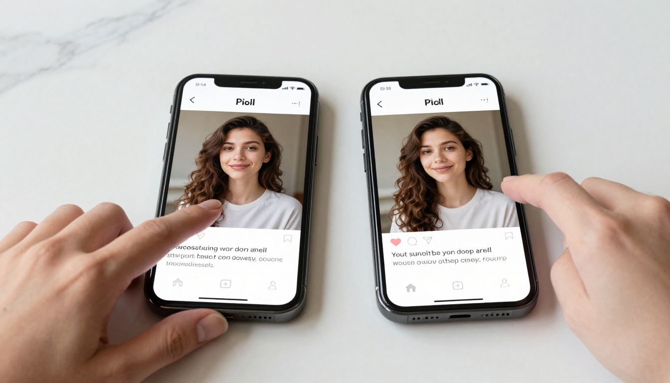 Flat-lay of smartphone screens showing AI image generation interface on a marble desk surface