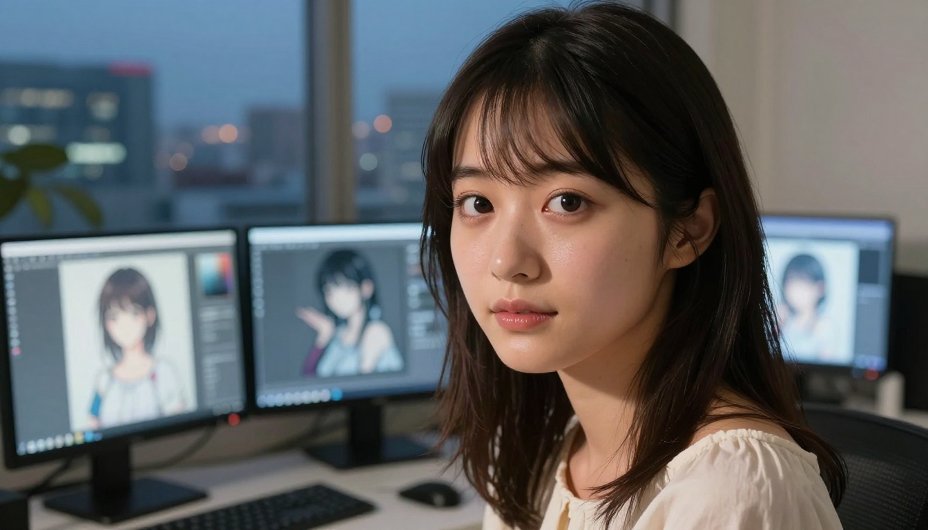 A creator working with anime AI tools at a modern workstation setup