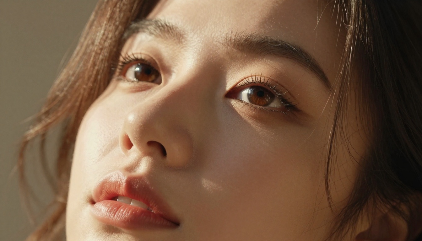 Intimate close-up portrait of a woman with dark brown eyes and full lips in warm Rembrandt lighting