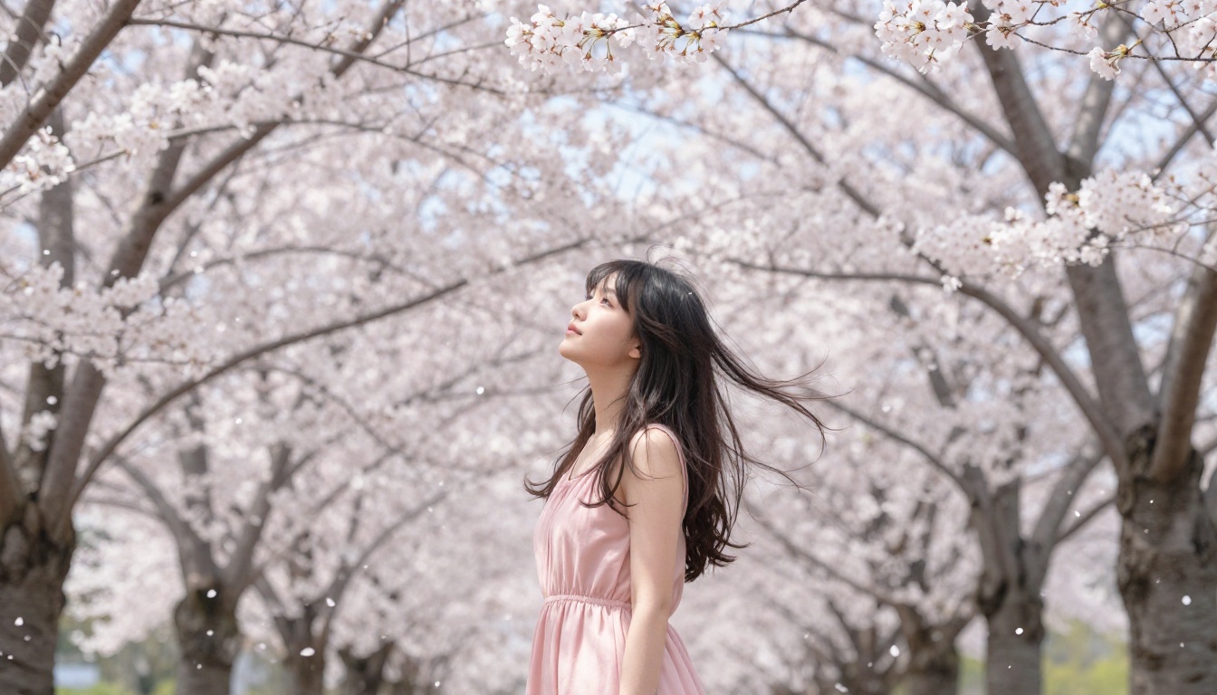 Low-angle shot of a woman with anime features in a sakura blossom park