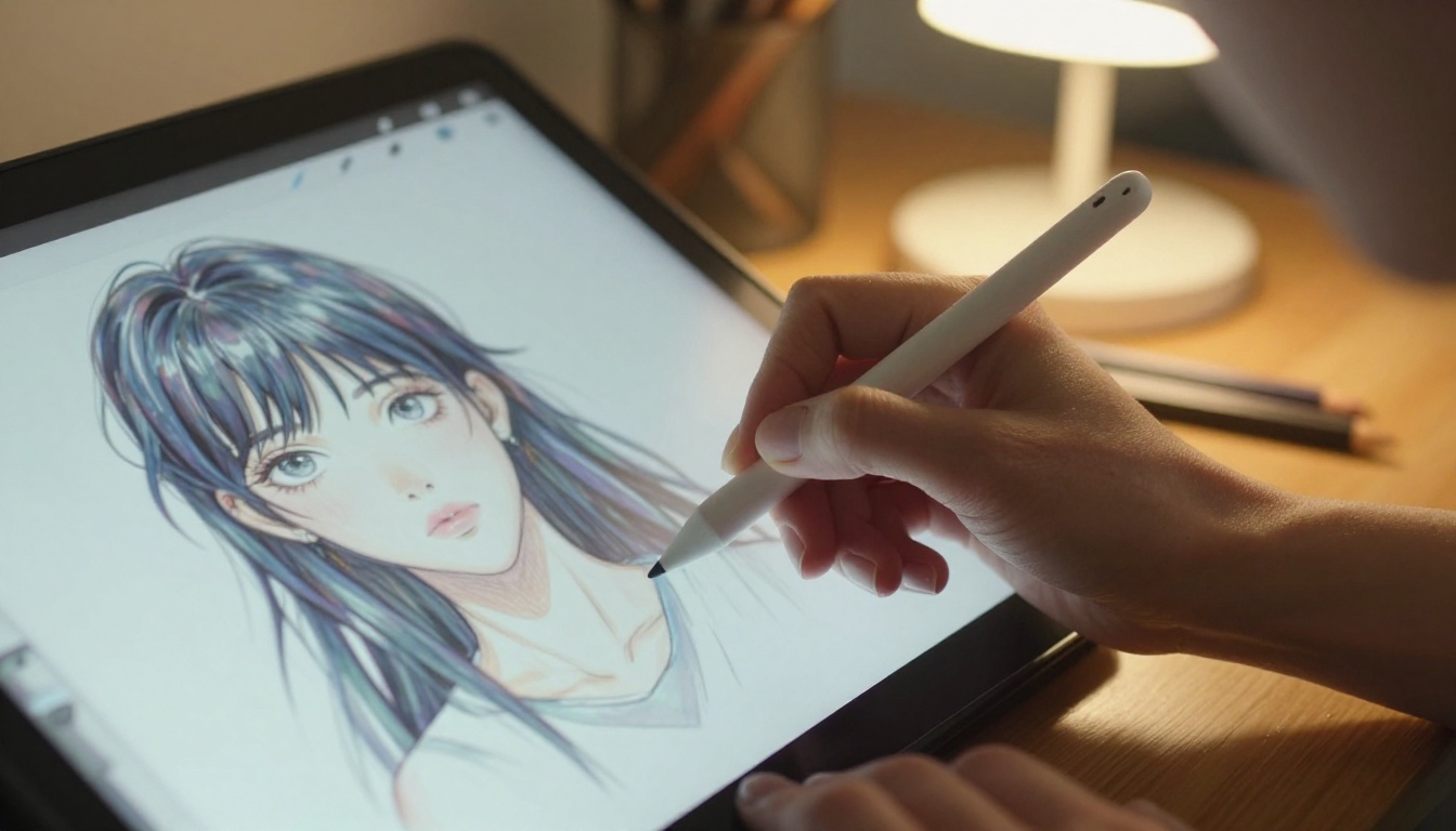 Artist hands working with a digital drawing tablet on anime character art