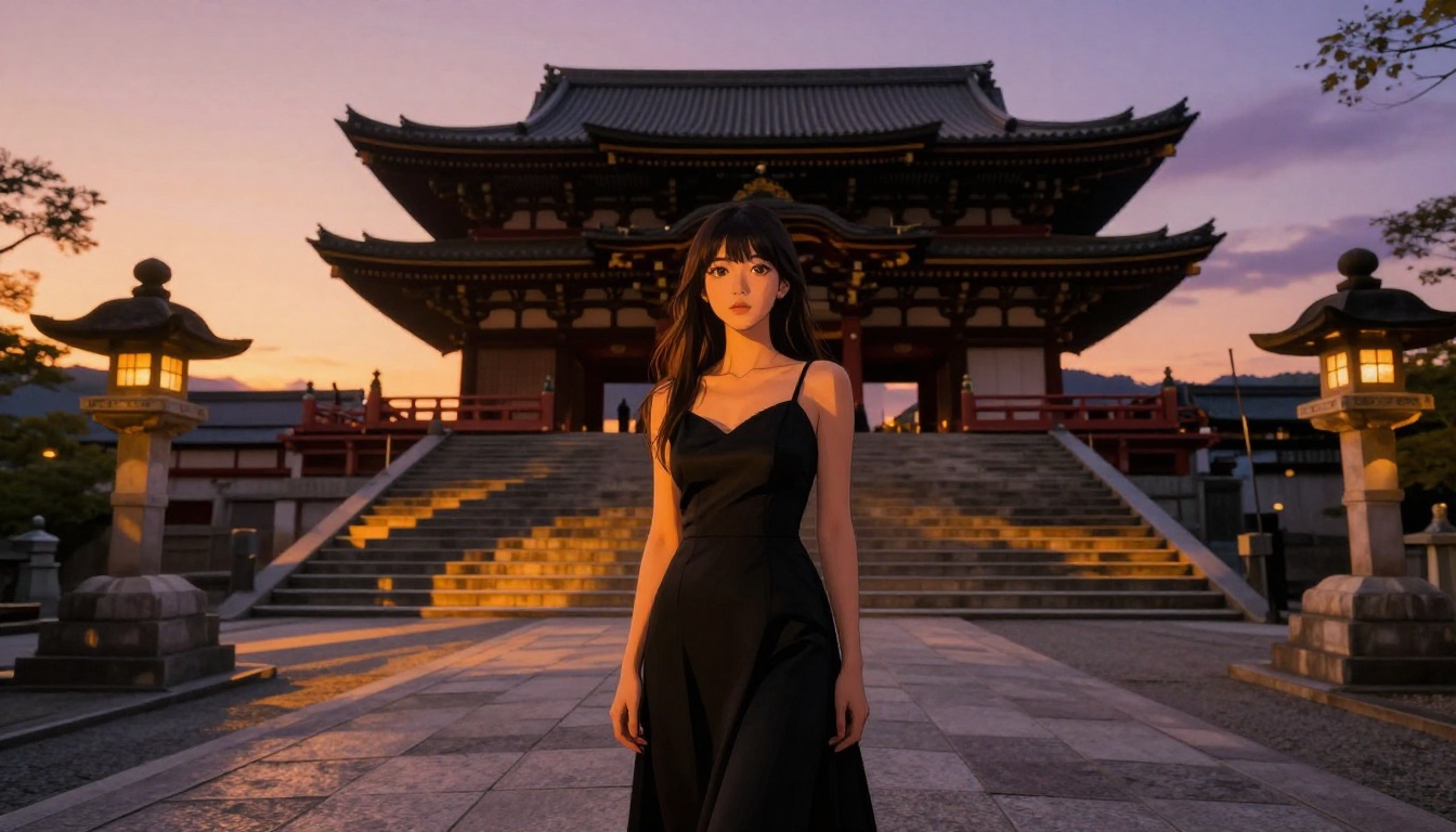 A woman with anime-inspired features standing at a traditional Japanese temple at sunset