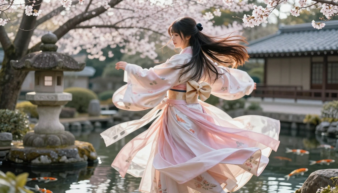 Dynamic spinning action shot of a woman in a traditional Japanese garden with koi pond
