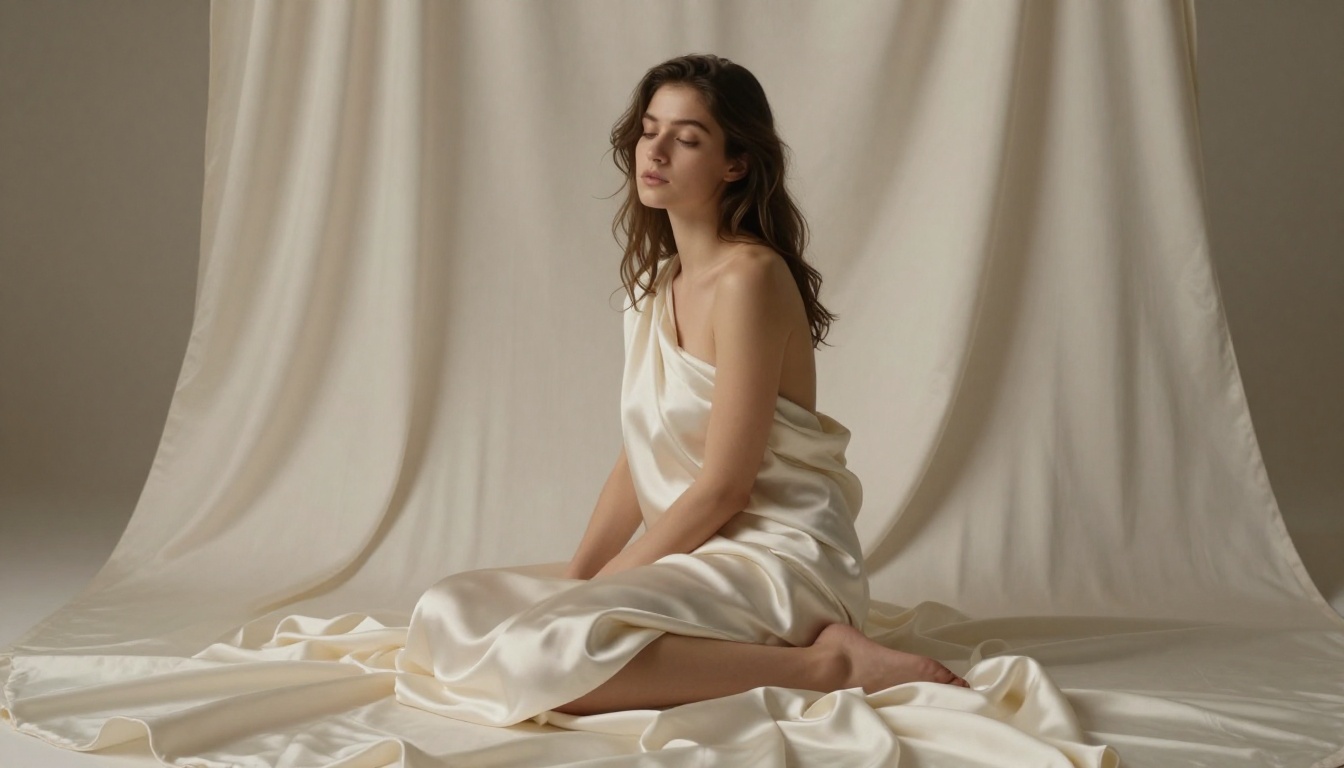 Woman wrapped in ivory silk on minimalist studio floor