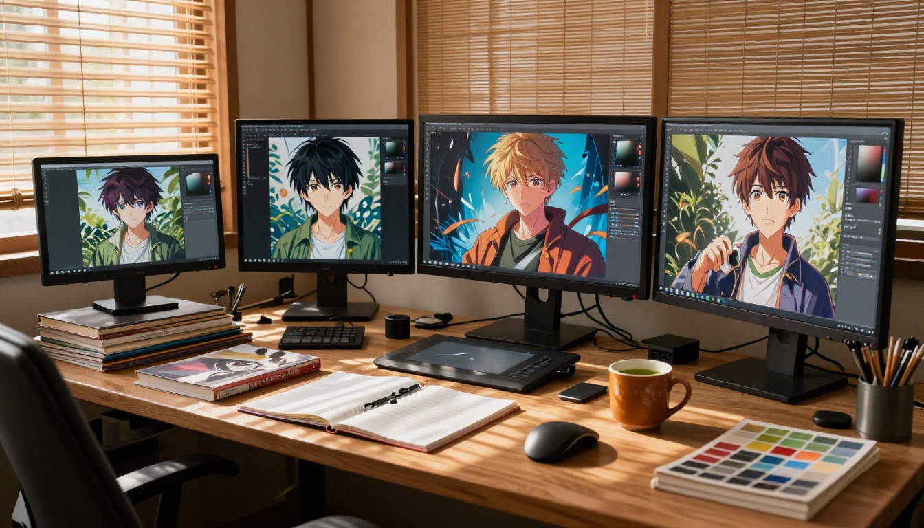 A cozy Japanese-style creative studio workspace with anime art displayed on multiple monitors