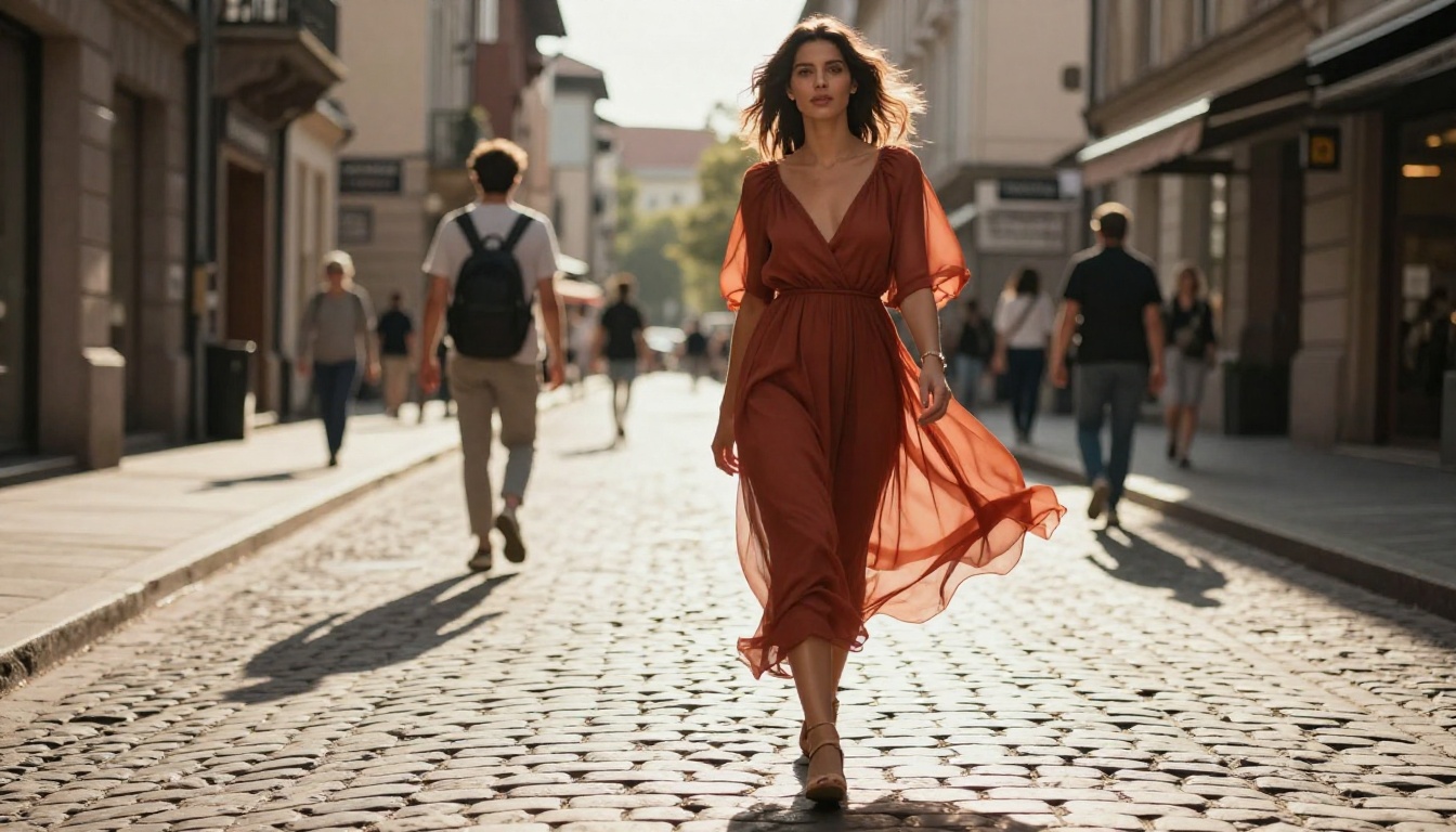 Woman in low-angle shot walking on European cobblestone street in terracotta dress