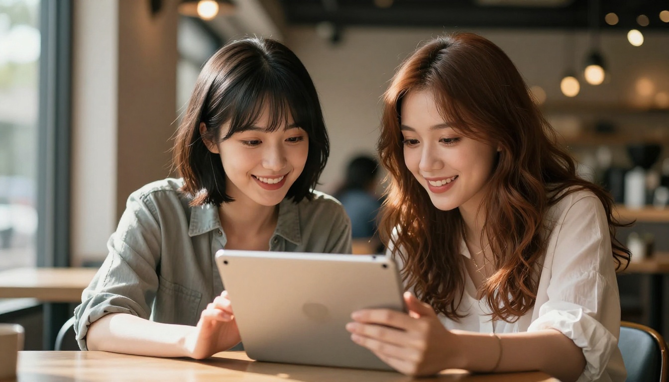 Two women with anime-inspired features sharing a tablet screen in a Tokyo cafe