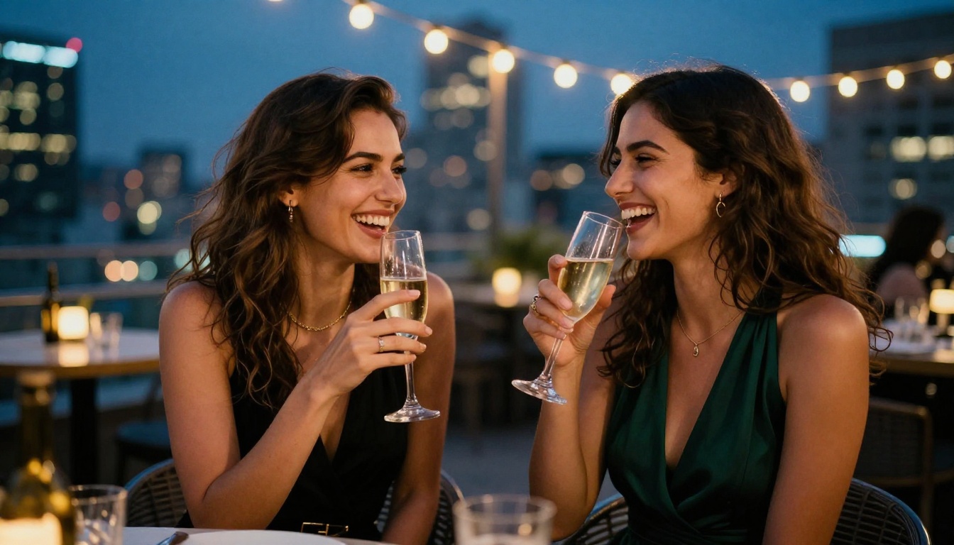 Two glamorous women laughing at rooftop bar at dusk