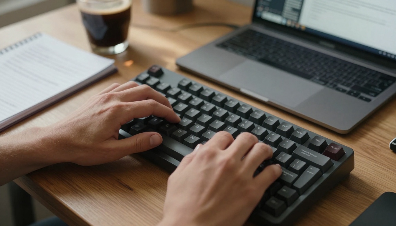 Hands typing a video script prompt on a mechanical keyboard with espresso and notepad
