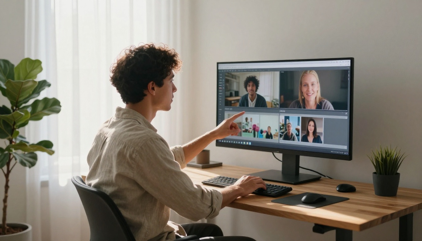 Content creator comparing AI-generated video outputs on a large ultrawide monitor in a home office