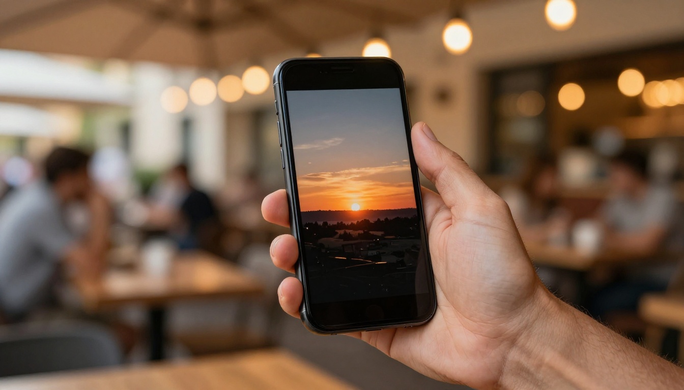 Smartphone held outdoors displaying an AI-generated video in warm golden hour café setting