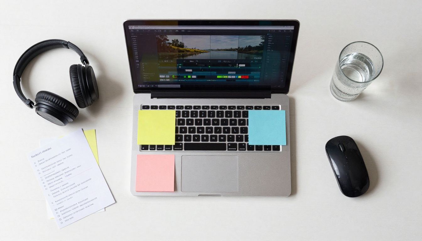 Creative workspace flat lay with laptop, sticky notes, headphones, and AI prompt cards on desk
