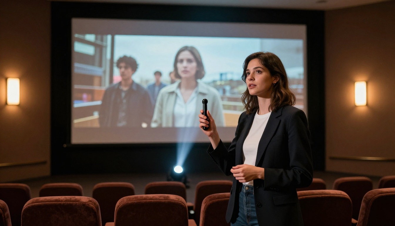Woman presenter standing in front of a large cinematic AI-generated video projection in a screening room