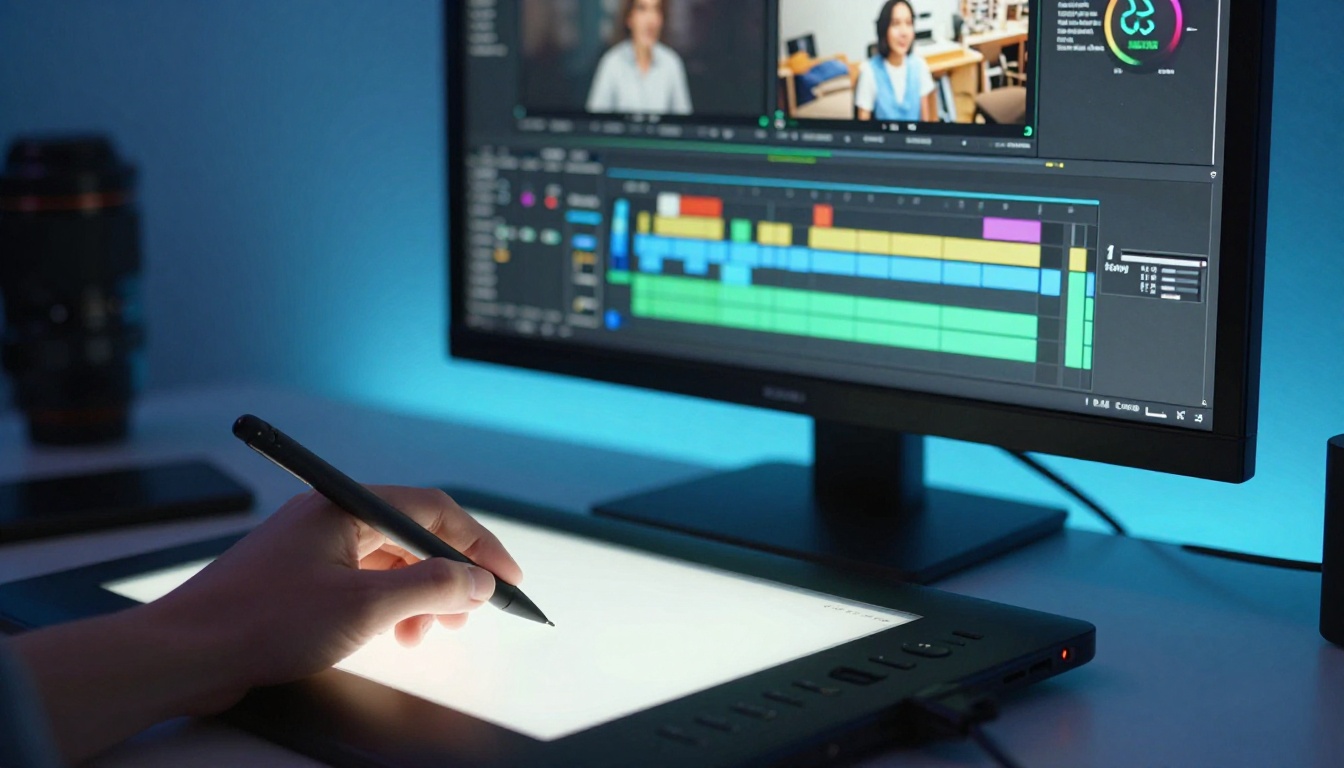 Professional monitor showing a color-graded video editing timeline with a Wacom stylus on tablet in foreground