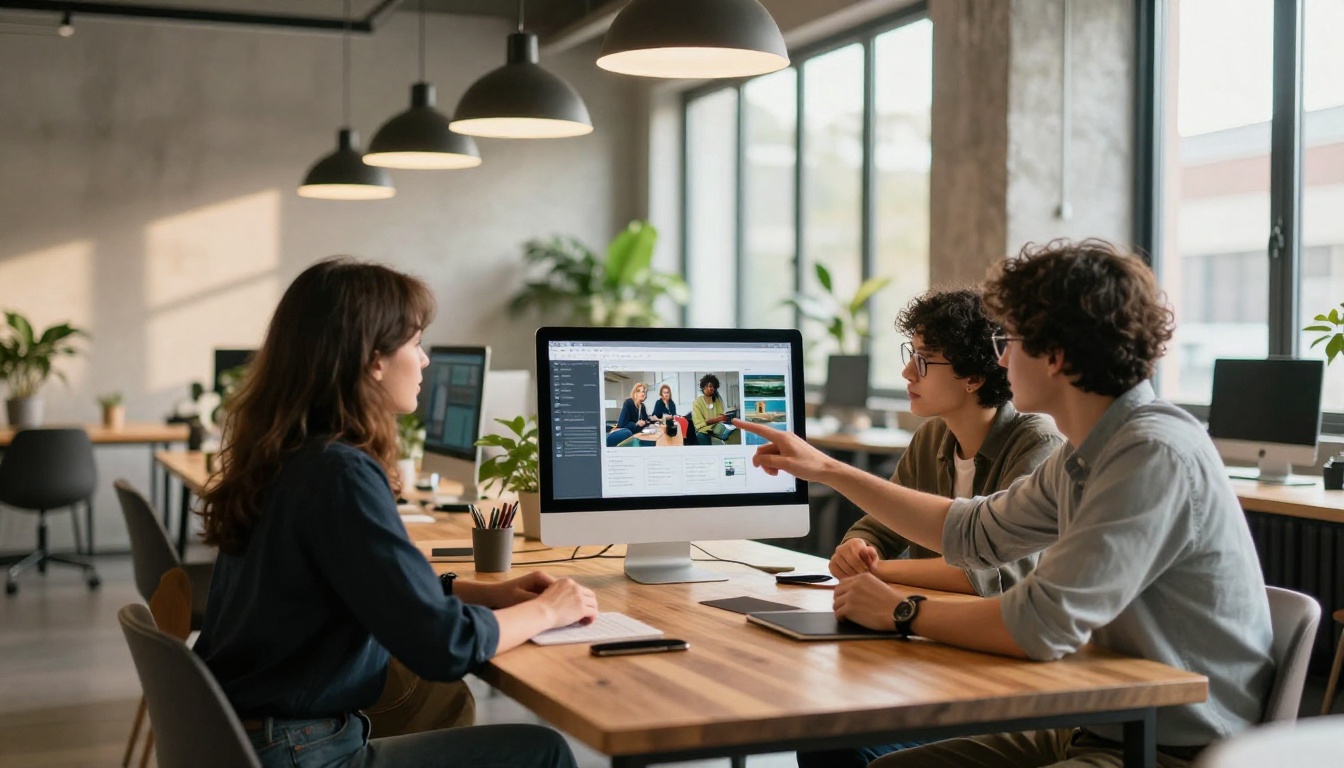 Three creative professionals collaborating around an iMac in a co-working space reviewing AI video generation results