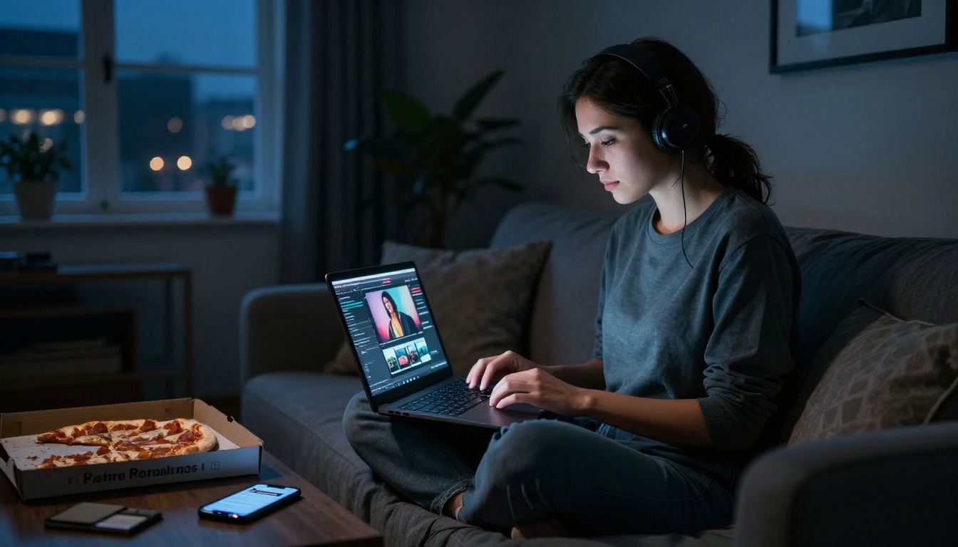 Solo content creator on a couch at night, face lit by laptop screen glow, generating AI videos in a dark living room
