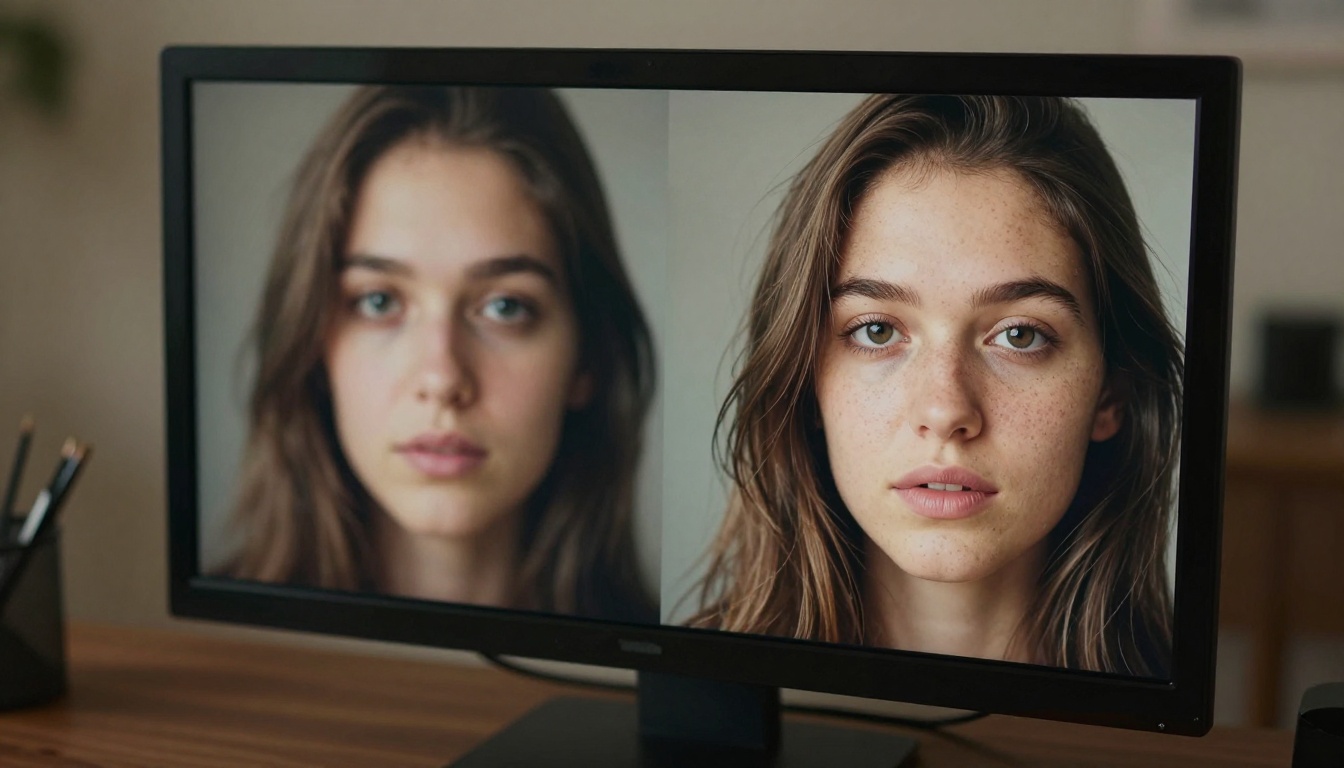 Before and after comparison of blurry and sharp AI-generated images on a monitor screen