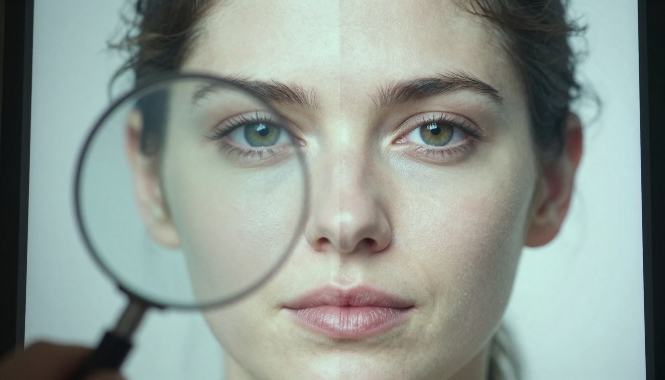 A light table with a split sharp-blurry photograph examined through a jeweler's loupe magnifier from directly above