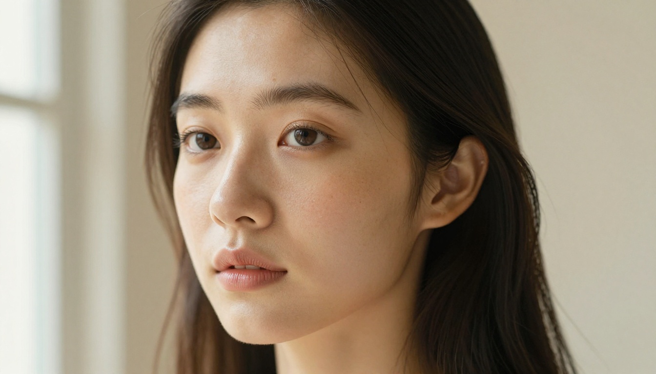 Studio portrait of a young woman with extraordinary photographic clarity under Rembrandt lighting, individual pores and fine hair strands visible