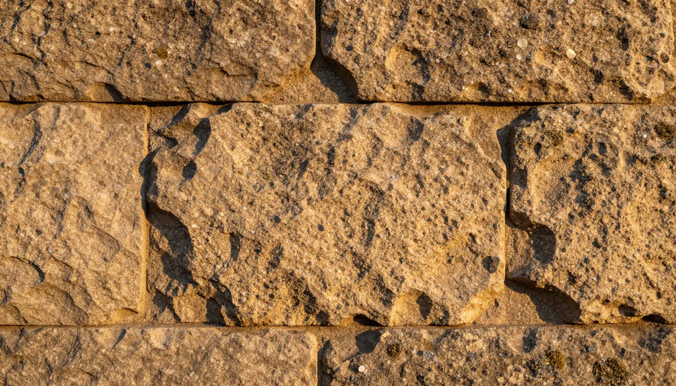 Ancient stone wall with extraordinary surface texture and mineral crystal detail under raking golden hour sunlight from the right