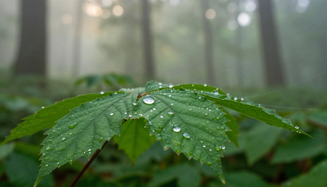 Forest scene with razor-sharp foreground leaves and water droplets against creamy smooth bokeh background in early morning mist