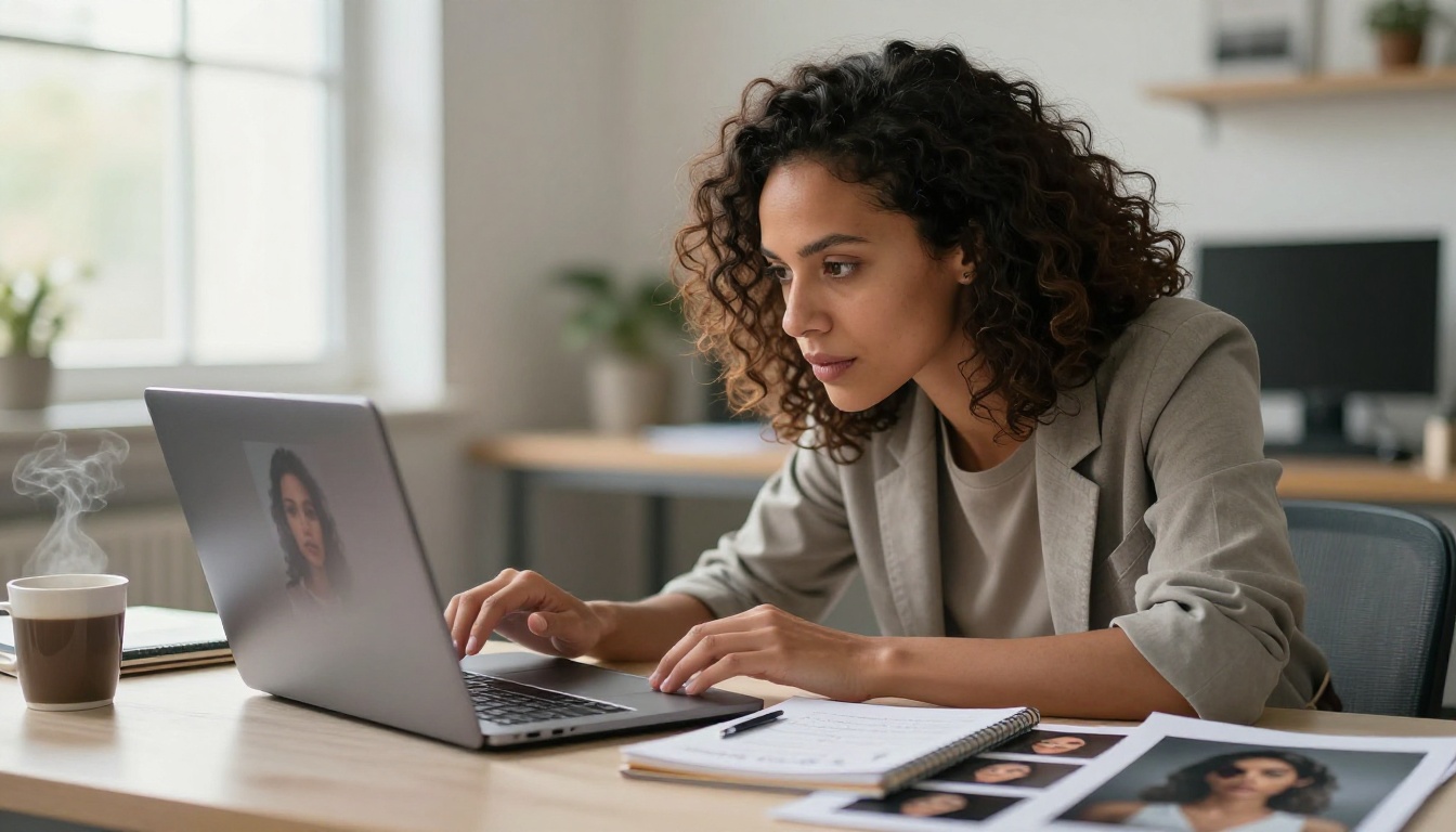 A woman with dark curly hair reviewing crisp AI images on a laptop screen with handwritten notes and photo test strips scattered on the desk