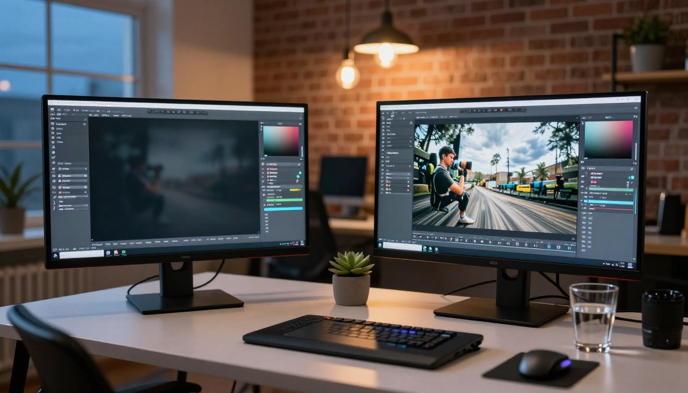 Professional photo editing workstation with dual monitors showing before and after image comparison in a creative studio with exposed brick wall