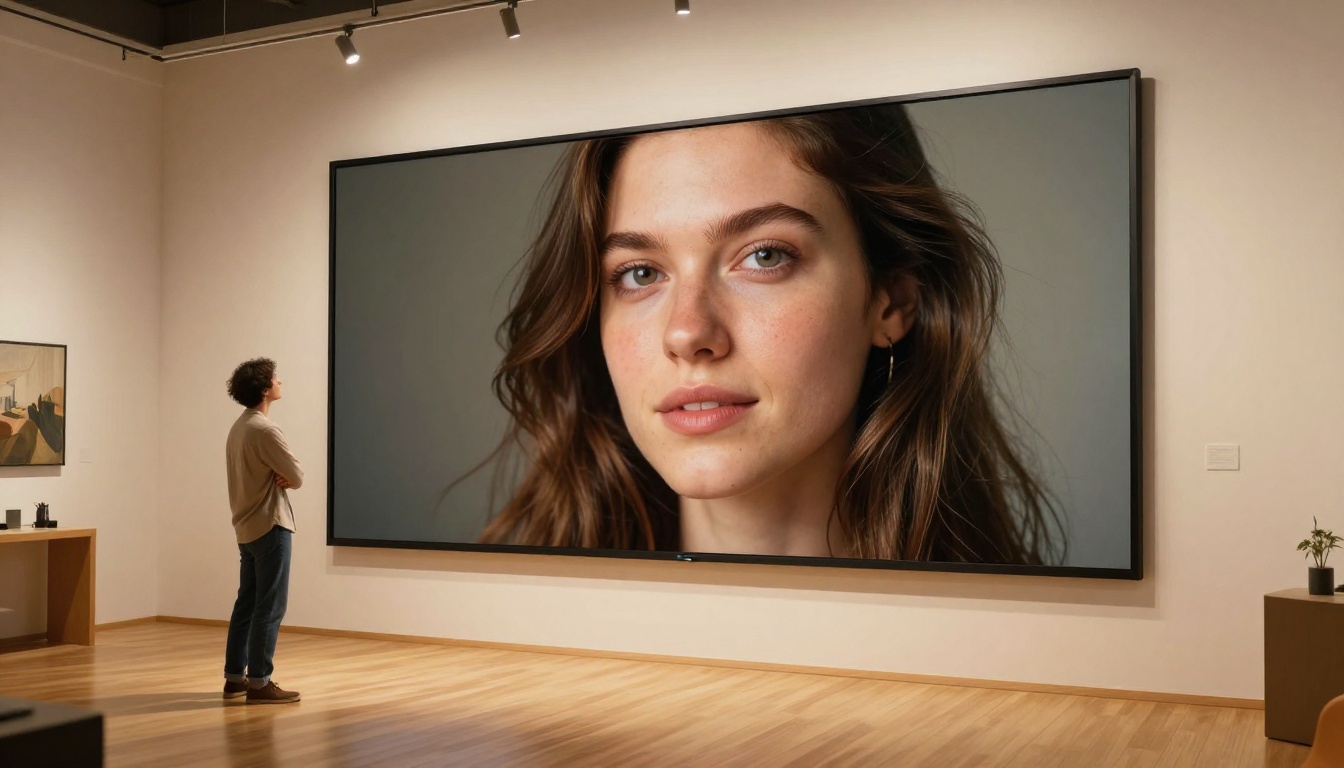 A creative professional in a modern studio space standing in front of a large wall-mounted display showing a stunning, perfectly sharp AI-generated portrait