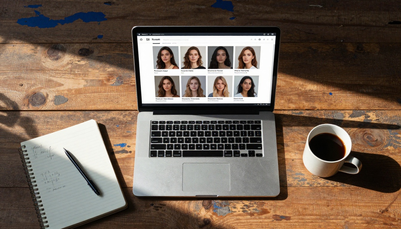 Overhead flat-lay laptop showing AI image generation interface