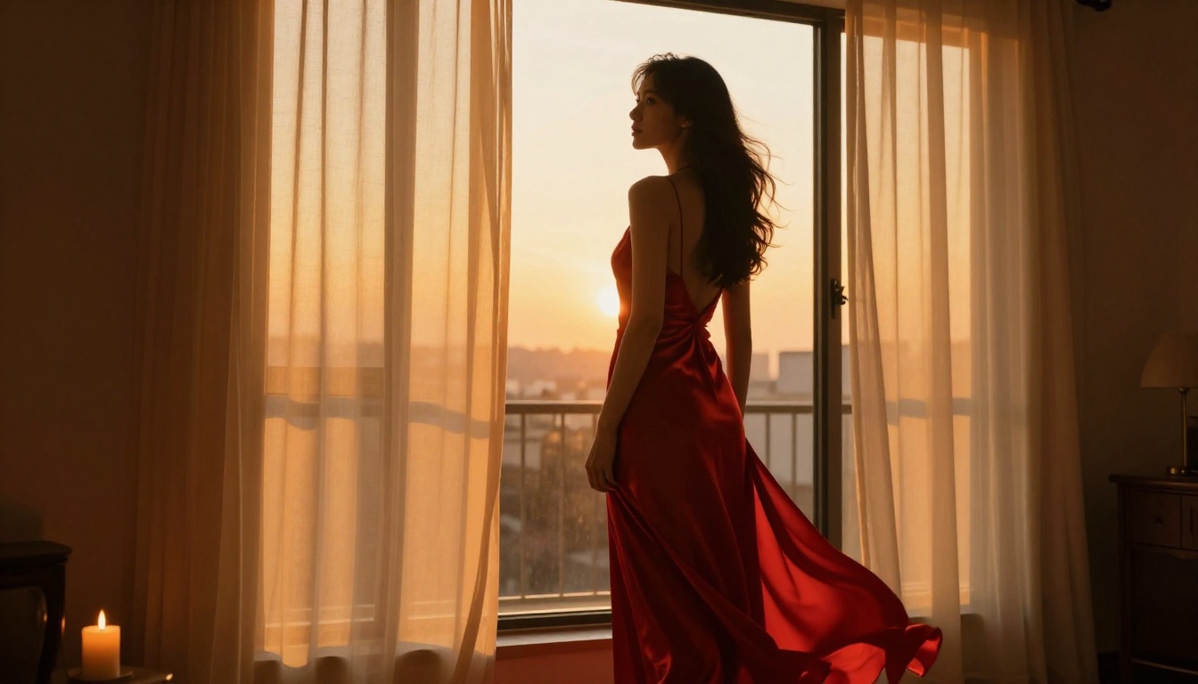 Woman in red silk dress at golden hour window