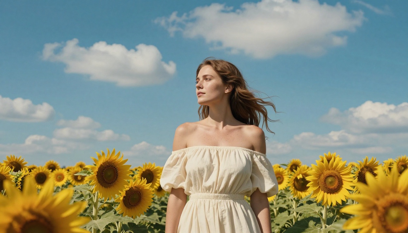 Woman in sunflower field, low angle, vivid blue sky