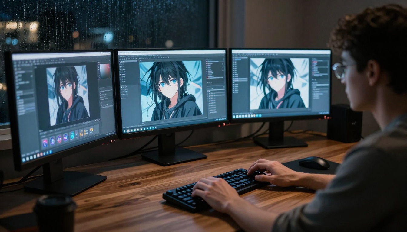 Digital artist working at a multi-monitor desk setup showing anime character designs and AI generation interfaces Digital artist working at a multi-monitor desk setup showing anime character designs and AI generation interfaces