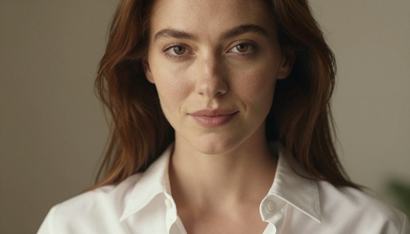 Close-up portrait of woman with open white shirt, confident gaze