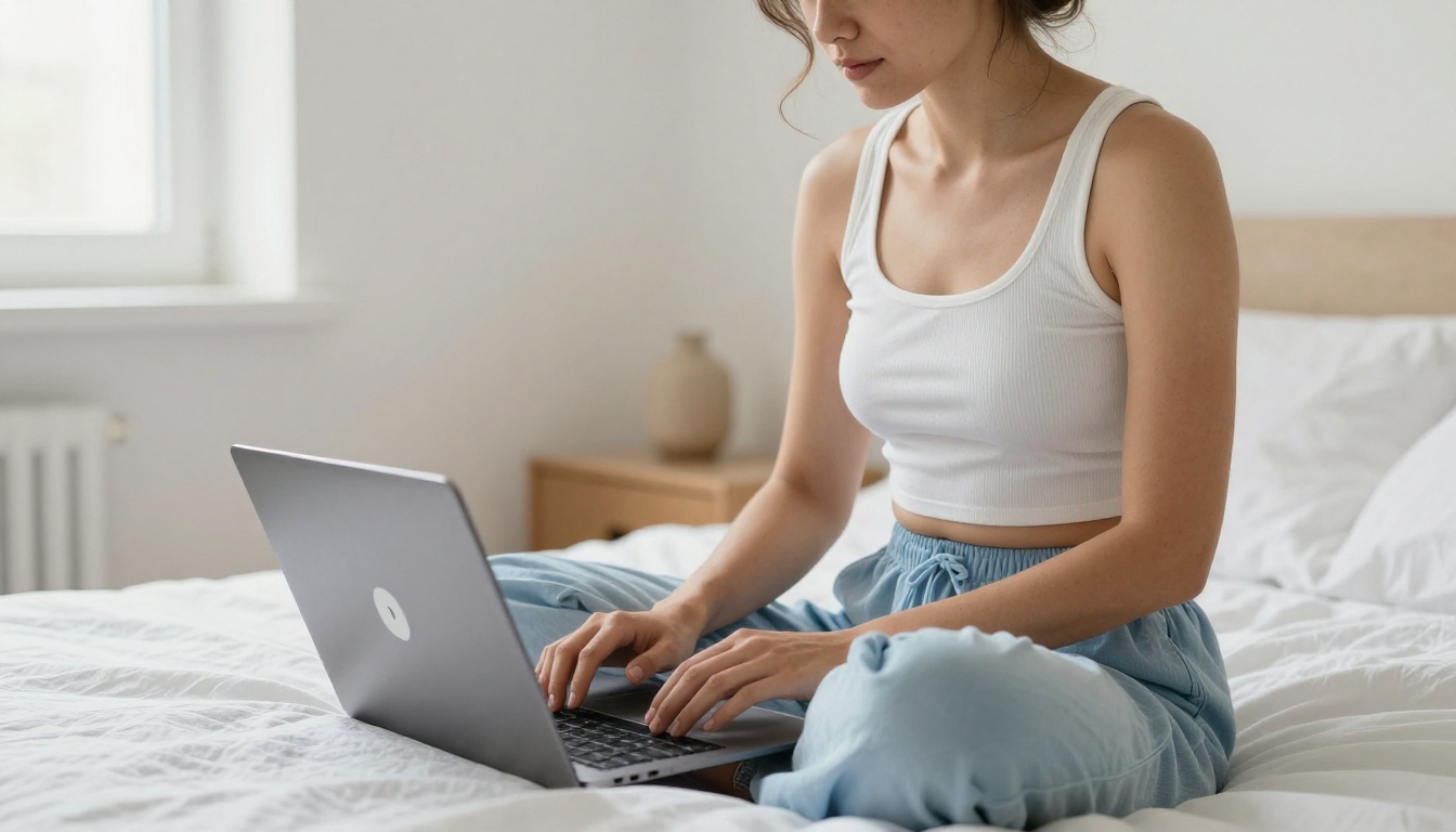 Woman sitting on bed with laptop, morning skylight, relaxed