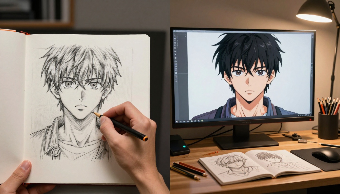 Side-by-side comparison on monitor showing traditional hand-drawn manga sketch versus polished AI-generated anime portrait Side-by-side comparison on monitor showing traditional hand-drawn manga sketch versus polished AI-generated anime portrait
