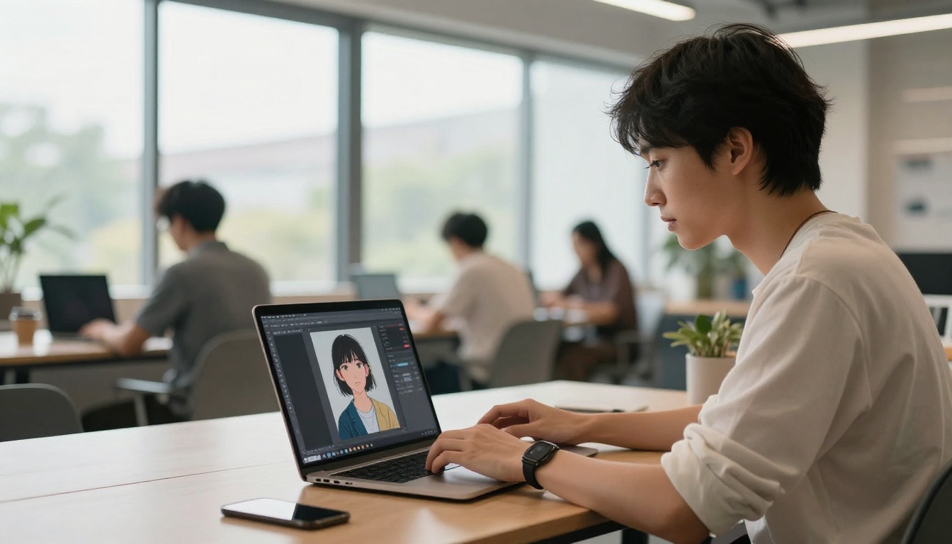 Creative professional at a bright coworking space with laptop showing AI image generation interface mid-creation Creative professional at a bright coworking space with laptop showing AI image generation interface mid-creation