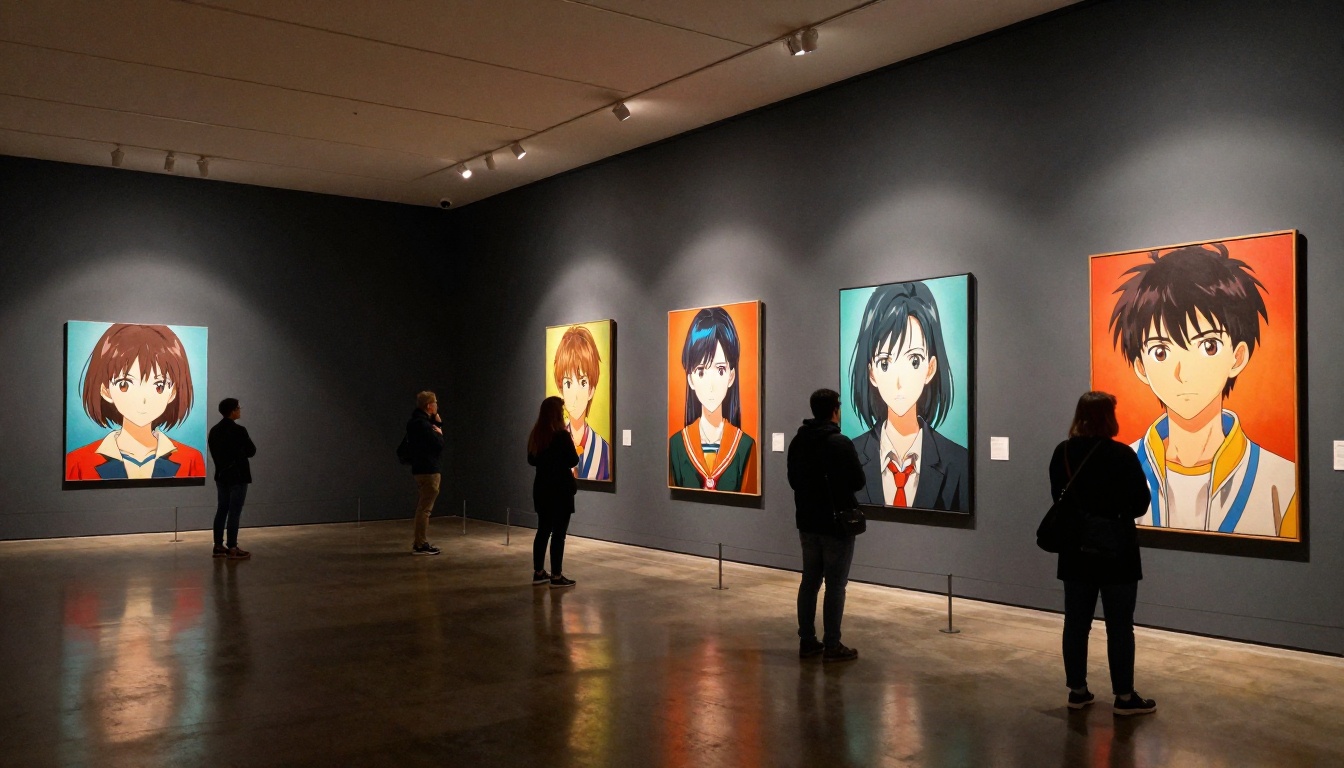 Gallery wall displaying large printed canvases of AI-generated anime-style portraits with gallery visitors viewing the art Gallery wall displaying large printed canvases of AI-generated anime-style portraits with gallery visitors viewing the art
