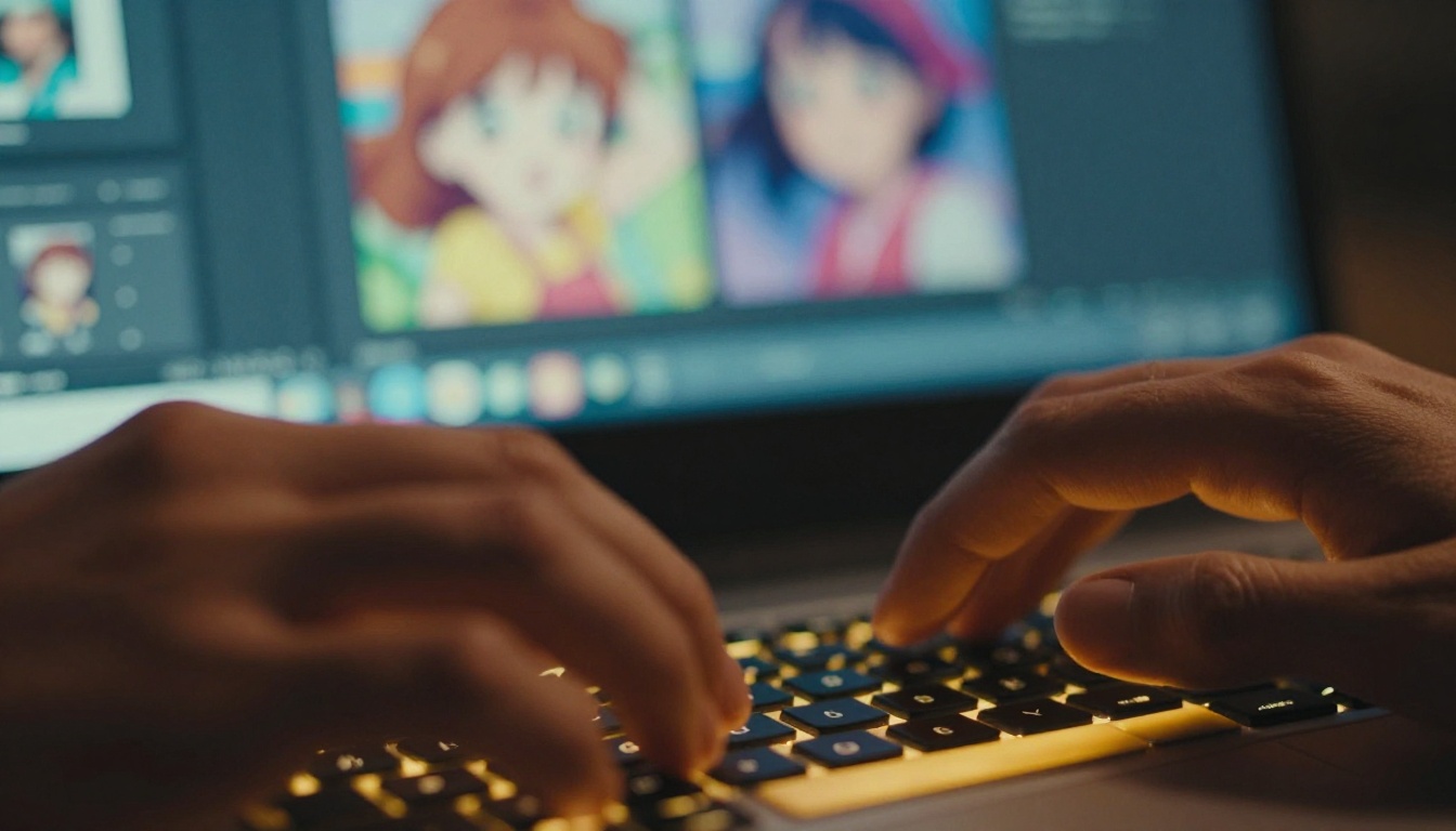 Close-up of hands typing on a backlit keyboard with a blurred monitor showing anime character generation results Close-up of hands typing on a backlit keyboard with a blurred monitor showing anime character generation results