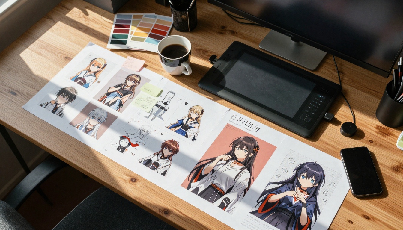 Aerial bird's-eye view of creative workspace desk with anime AI art reference sheets, graphics tablet, and color swatches Aerial bird's-eye view of creative workspace desk with anime AI art reference sheets, graphics tablet, and color swatches