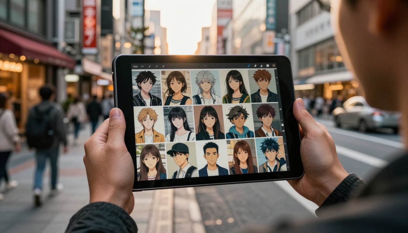 Person holding a tablet displaying a grid of AI-generated anime character portraits against a blurred Tokyo street background Person holding a tablet displaying a grid of AI-generated anime character portraits against a blurred Tokyo street background