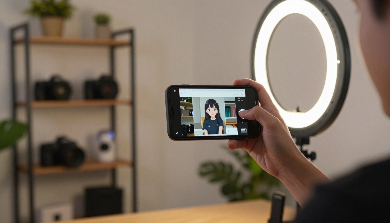 Content creator at home studio recording a phone screen tutorial video with ring light setup Content creator at home studio recording a phone screen tutorial video with ring light setup