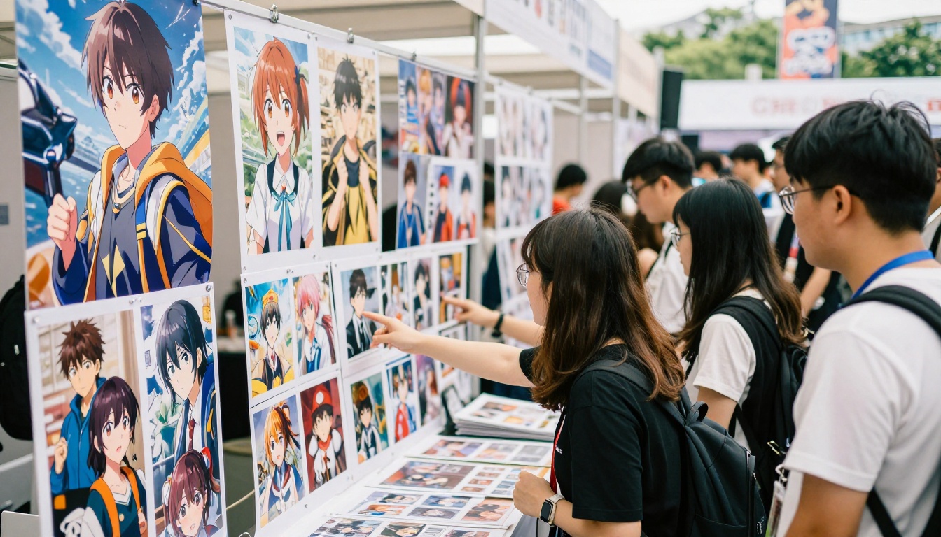 Outdoor anime convention booth displaying AI-generated anime art prints with fans examining them Outdoor anime convention booth displaying AI-generated anime art prints with fans examining them