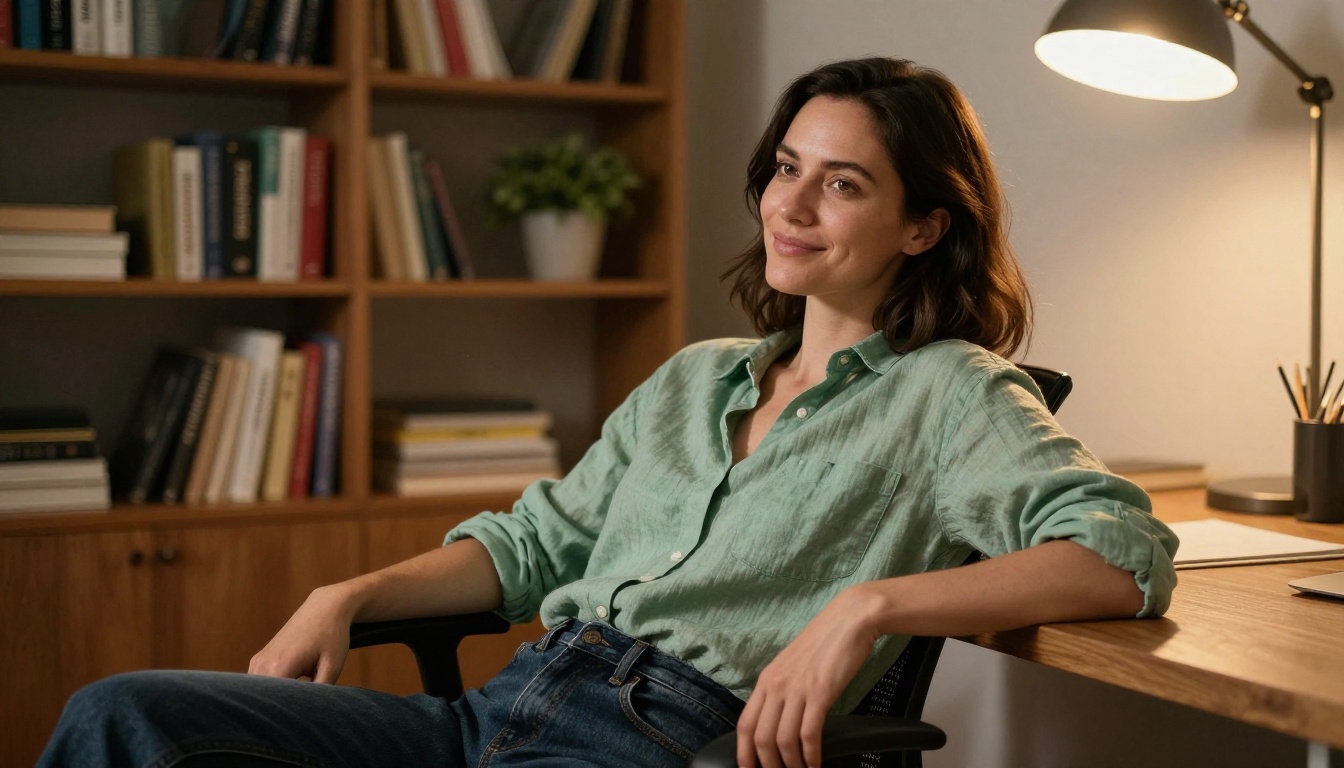 Woman working at laptop in golden-hour home office light