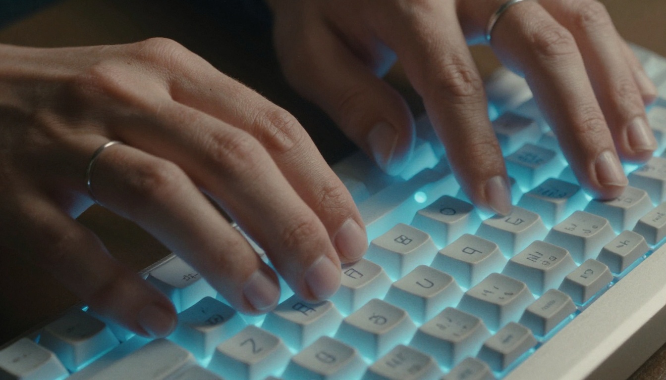 Close-up of hands typing on mechanical keyboard with monitor glow