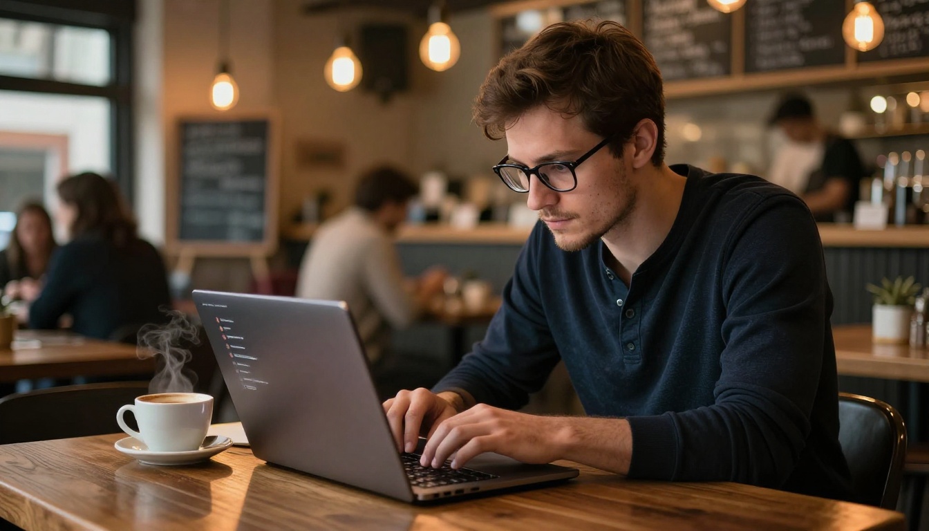 Man in cafe reading chat interface on laptop over coffee