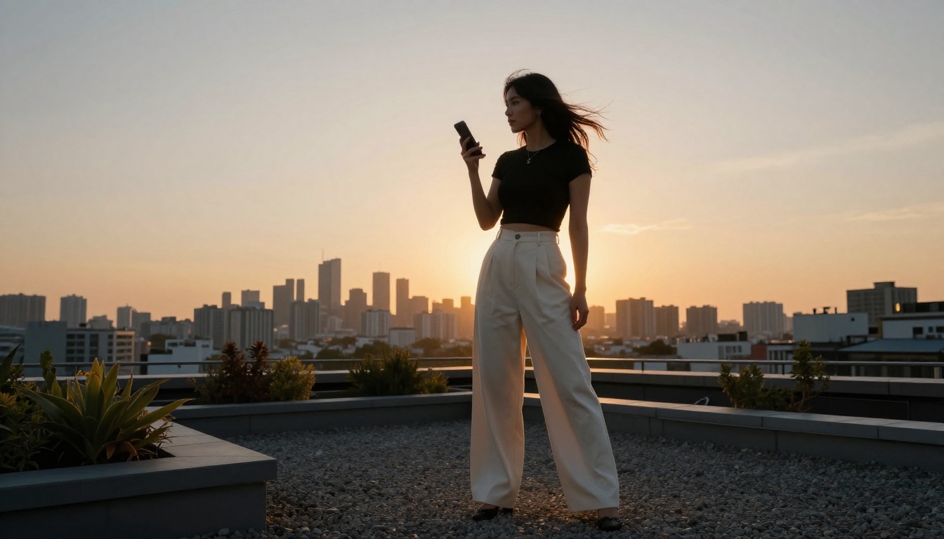 Woman on rooftop terrace at dusk with city skyline behind her