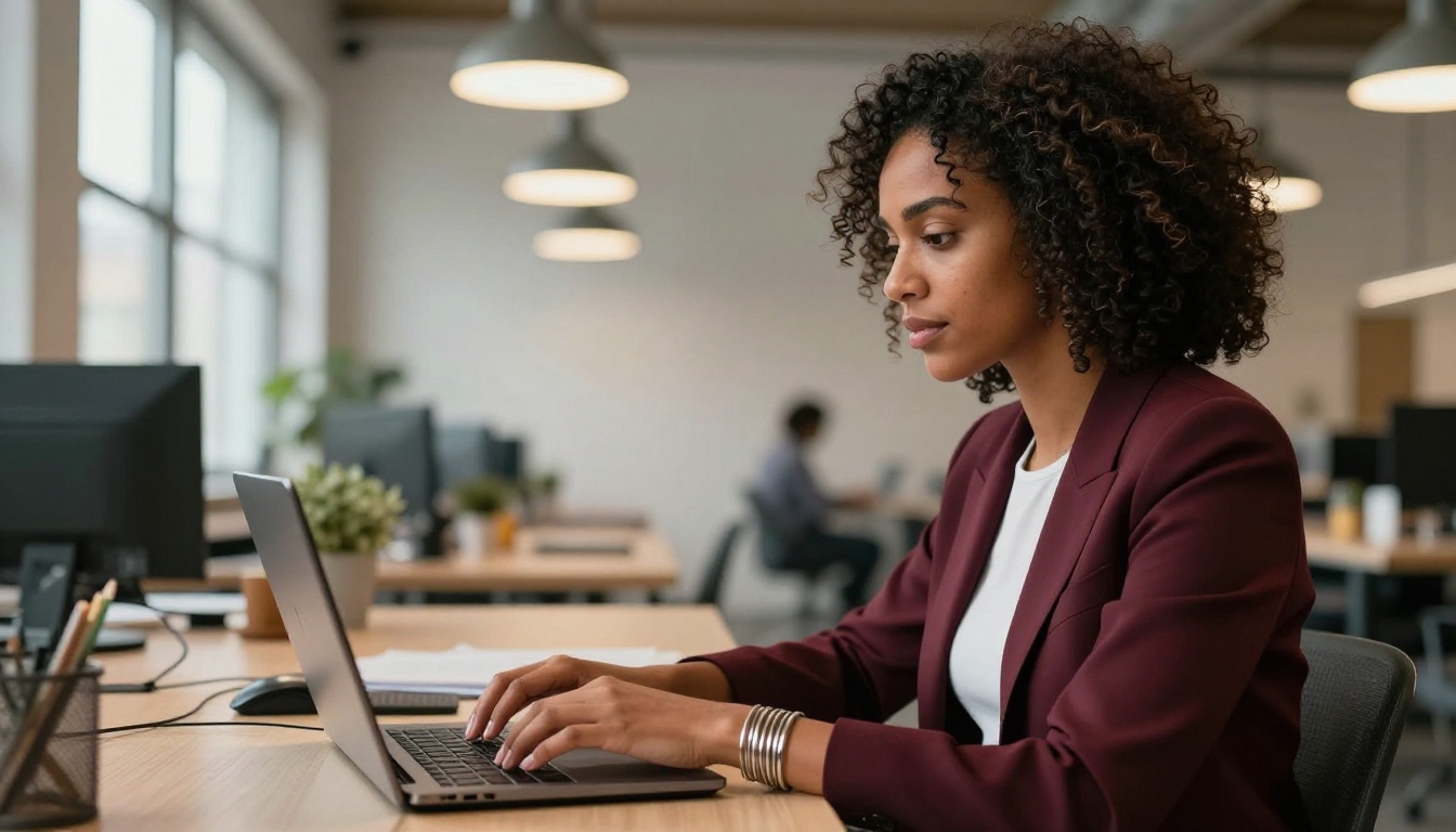 Woman with natural coily hair typing at co-working space desk